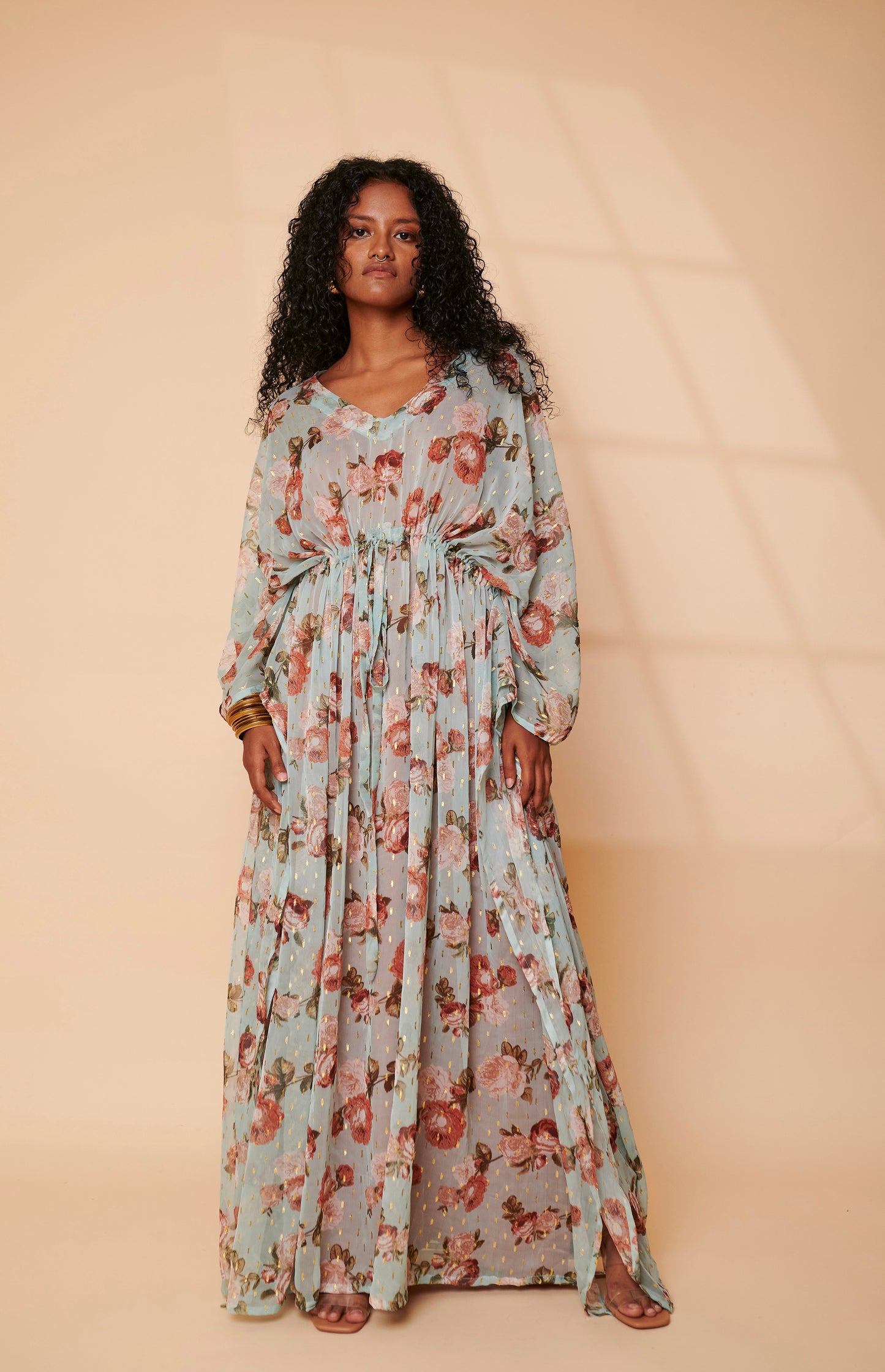 Aqua floral drawstring Kaftan