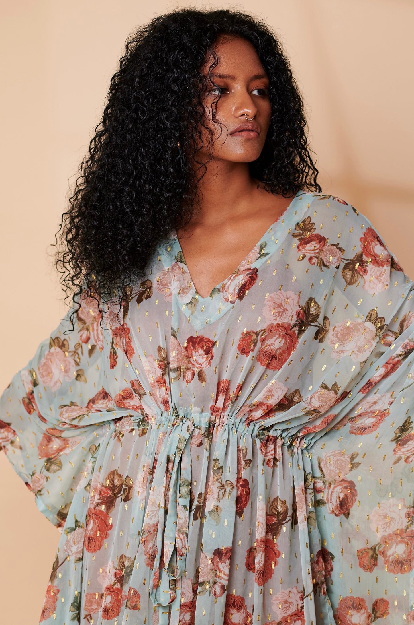 Aqua floral drawstring Kaftan