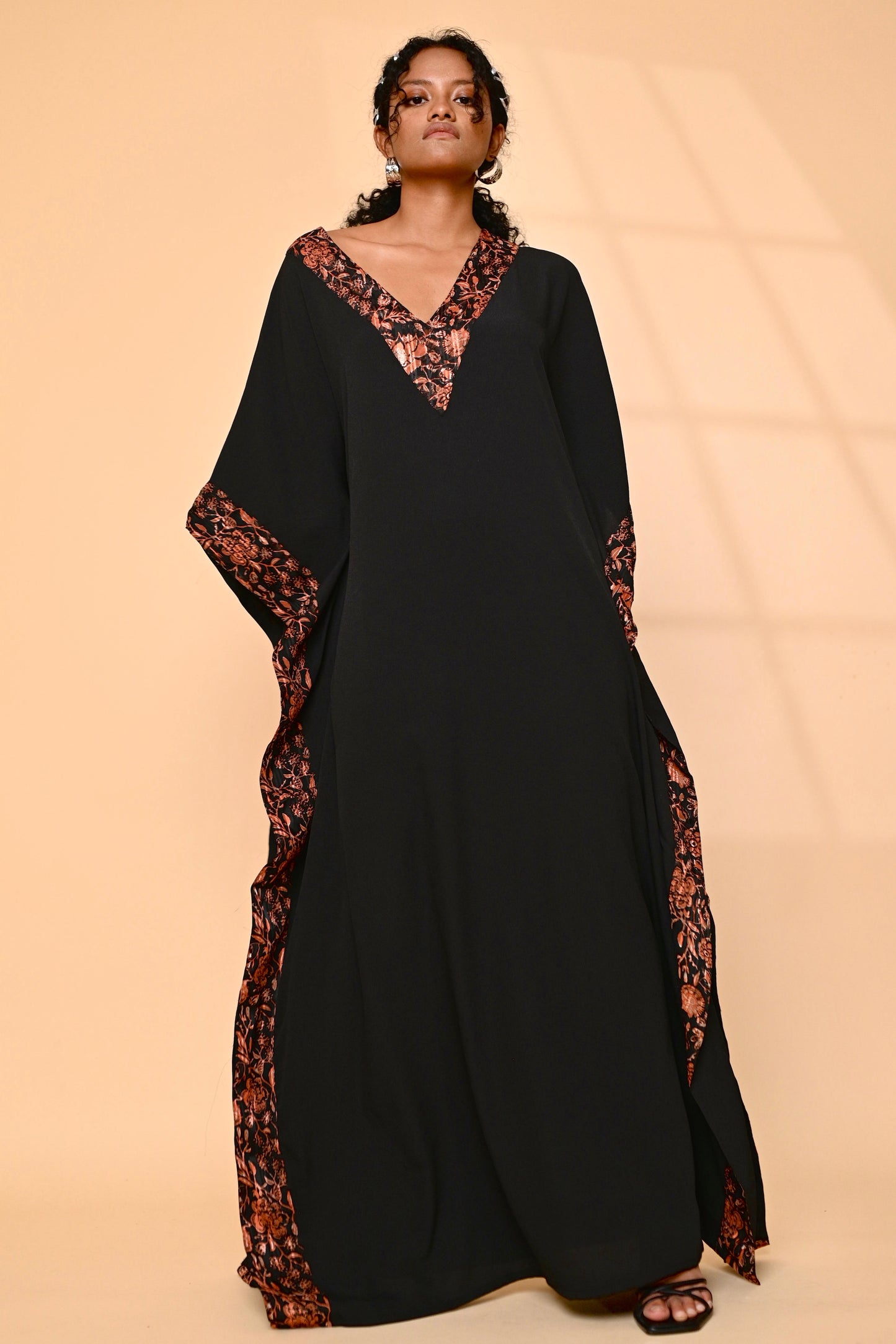 Onyx black kaftan with print detail